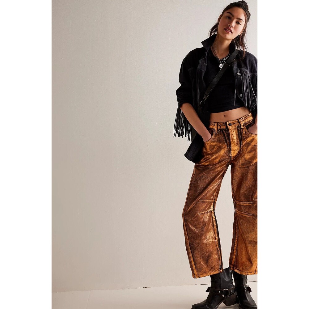Free People We The Free Good Luck Gold Metallic Barrel Jeans 26 New $148